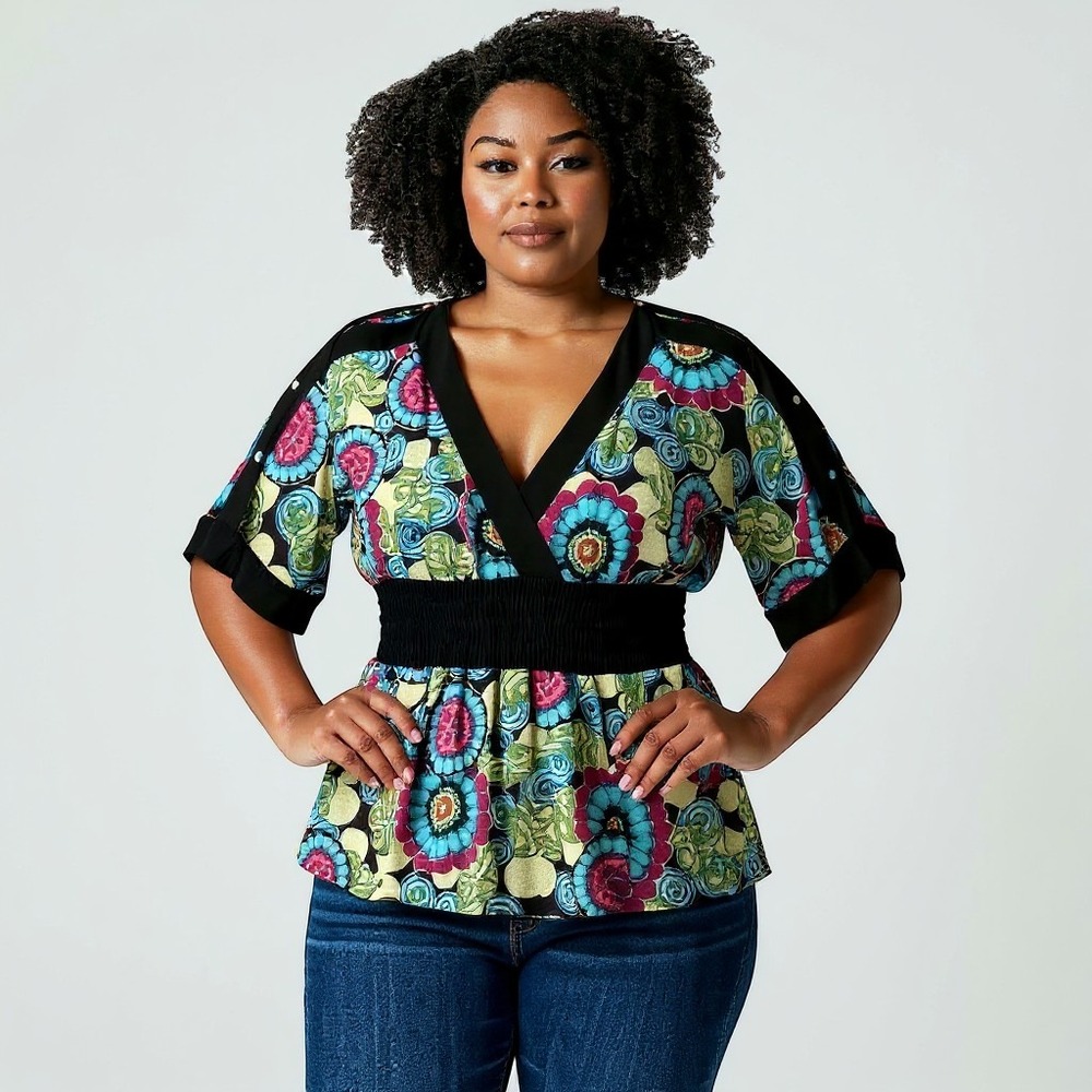 Bisou Bisou Blouse Women's‎ XL Multicolor Semi Sheer Smocked Cold Shoulder Top